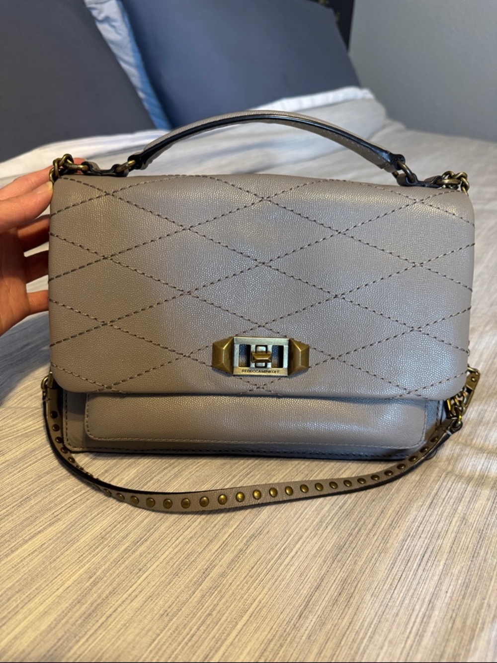 Rebecca Minkoff Je T’aime Quilted Leather Top Handle Shoulder Bag in Taupe Gray